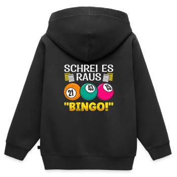 Joueurs de bingo CRIEZ-LE BINGO ! Bingo amusant - Sweat Premium à capuche zippé enfant bio - noir - Dos - AI Model Kid Male (0cm)
