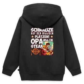 Opi SCHNAUZE AUF DEN BILLIGEN PLÄTZEN OPA WILL - Kinder Premium Organic Zip Hoodie - Schwarz - Hinten - AI Model Kid Male (0cm)
