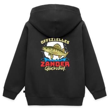 Zander Angeln OFFIZIELLES ZANDER GLÜCKSSHIRT - Kinder Premium Organic Zip Hoodie - Schwarz - Hinten - AI Model Kid Male (0cm)