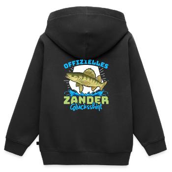 Zander Angeln OFFIZIELLES ZANDER GLÜCKSSHIRT - Kinder Premium Organic Zip Hoodie - Schwarz - Hinten - AI Model Kid Male (0cm)