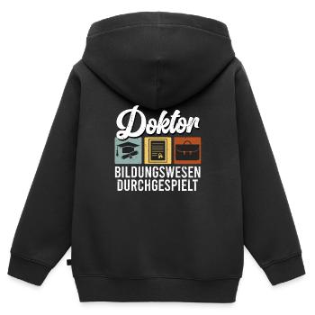 DOKTOR BILDUNGSWESEN DURCHGESPIELT Doktor Lustig - Kinder Premium Organic Zip Hoodie - Schwarz - Hinten - AI Model Kid Male (0cm)