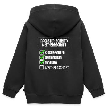Maturanten NÄCHSTER SCHRITT WELTHERRSCHAFT Lustig - Kinder Premium Organic Zip Hoodie - Schwarz - Hinten - AI Model Kid Male (0cm)