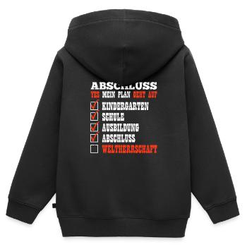 ABSCHLUSS MEIN PLAN GEHT AUF WELTHERRSCHAFT Lustig - Kinder Premium Organic Zip Hoodie - Schwarz - Hinten - AI Model Kid Male (0cm)