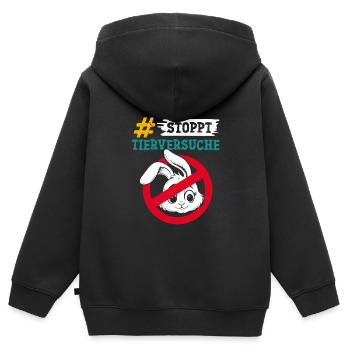 Tierschutz STOPPT TIERVERSUCHE GEGEN VERSUCHE - Kinder Premium Organic Zip Hoodie - Schwarz - Hinten - AI Model Kid Male (0cm)
