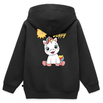 Licorne Soyez heureux - Sweat Premium à capuche zippé enfant bio - noir - Dos - AI Model Kid Male (0cm)