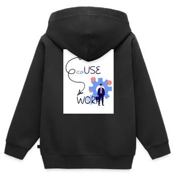 Idee Ursache Arbeit. Aus einer Idee entsteht ein Werk. - Kinder Premium Organic Zip Hoodie - Schwarz - Hinten - AI Model Kid Male (0cm)