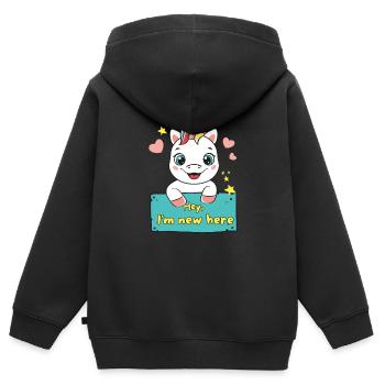 Einhorn Hey i'm new here - Kinder Premium Organic Zip Hoodie - Schwarz - Hinten - AI Model Kid Male (0cm)