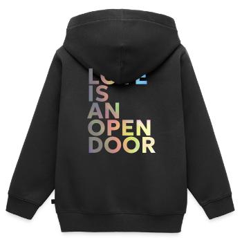 LOVE IS AN OPEN DOOR - Kinder Premium Organic Zip Hoodie - Schwarz - Hinten - AI Model Kid Male (0cm)