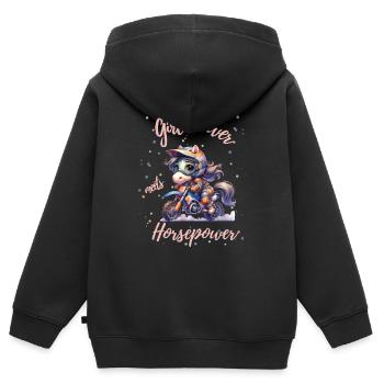 Süßes Pferd auf Motorrad: T-Shirt für Kinder - Kinder Premium Organic Zip Hoodie - Schwarz - Hinten - AI Model Kid Male (0cm)