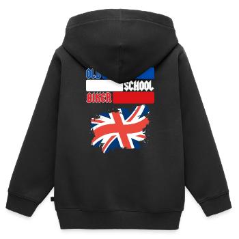 OLD SCHOOL BIKER UK - Kinder Premium Organic Zip Hoodie - Schwarz - Hinten - AI Model Kid Male (0cm)
