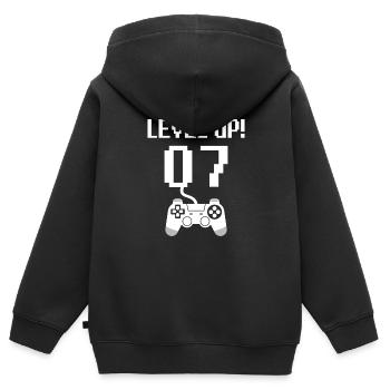 7e anniversaire niveau supérieur - Sweat Premium à capuche zippé enfant bio - noir - Dos - AI Model Kid Male (0cm)