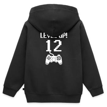 12e anniversaire Monter de niveau - Sweat Premium à capuche zippé enfant bio - noir - Dos - AI Model Kid Male (0cm)