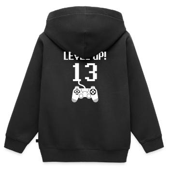 13e anniversaire niveau supérieur - Sweat Premium à capuche zippé enfant bio - noir - Dos - AI Model Kid Male (0cm)