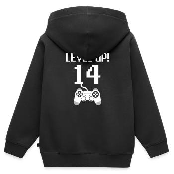 14e anniversaire niveau supérieur - Sweat Premium à capuche zippé enfant bio - noir - Dos - AI Model Kid Male (0cm)