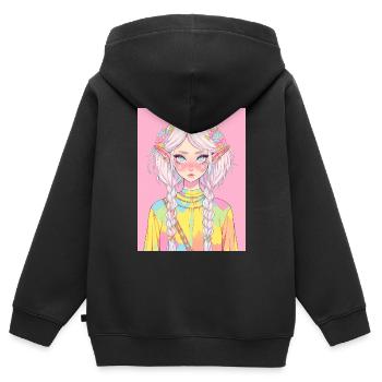 Anime, Fille d’anime, Fille d’anime, Elfe - Sweat Premium à capuche zippé enfant bio - noir - Dos - AI Model Kid Male (0cm)