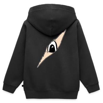 Auge schaut durch ein Riss - aufgerissener Stoff - Kinder Premium Organic Zip Hoodie - Schwarz - Hinten - AI Model Kid Male (0cm)
