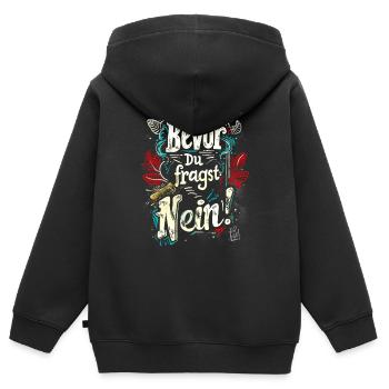 Bevor Du fragst: NEIN! - Kinder Premium Organic Zip Hoodie - Schwarz - Hinten - AI Model Kid Male (0cm)