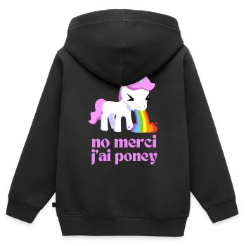 Non merci j'ai poney - Sweat Premium à capuche zippé enfant bio - noir - Dos - AI Model Kid Male (0cm)