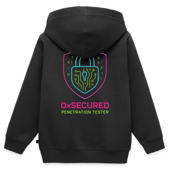 Bouclier 0xSécurisé testeur d'intrusion cyber - Sweat Premium à capuche zippé enfant bio - noir - Dos - AI Model Kid Male (0cm)