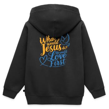 WWJD HWLF Jésus aimerait d’abord chrétien - Sweat Premium à capuche zippé enfant bio - noir - Dos - AI Model Kid Male (0cm)
