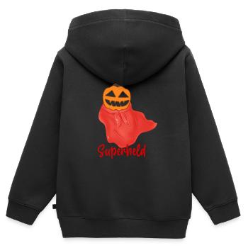 superheld, helloween,kürbis,umhang,held - Kinder Premium Organic Zip Hoodie - Schwarz - Hinten - AI Model Kid Male (0cm)