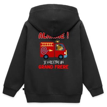 Grand frere pompier Humour Naissance - Sweat Premium à capuche zippé enfant bio - noir - Dos - AI Model Kid Male (0cm)
