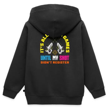 Laser tag d’intérieur tenue de fête laser tag - Sweat Premium à capuche zippé enfant bio - noir - Dos - AI Model Kid Male (0cm)