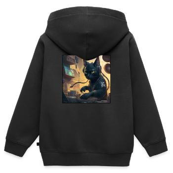 Cyberkatze am DJ-Mischpult - Kinder Premium Organic Zip Hoodie - Schwarz - Hinten - AI Model Kid Male (0cm)