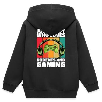 Gamer et Rongeurs : Jeux Vidéo et Aventure Agile - Sweat Premium à capuche zippé enfant bio - noir - Dos - AI Model Kid Male (0cm)