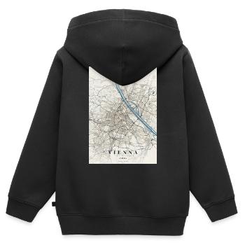 Carte de Vienne : Rues et Blue River - Sweat Premium à capuche zippé enfant bio - noir - Dos - AI Model Kid Male (0cm)