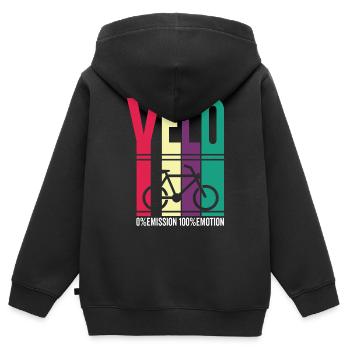 Vélo Shirt Funny 0% Emission 100% Emotion - Sweat Premium à capuche zippé enfant bio - noir - Dos - AI Model Kid Male (0cm)