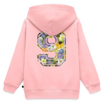 Nummer 9 Blume, Fußballmannschaft, Universitätsbasketball - Kinder Premium Organic Zip Hoodie - Rosa - Hinten - AI Model Kid Female (0cm)