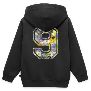 Numero 9 fleur, Équipe Foot, basket université - Sweat Premium à capuche zippé enfant bio - noir - Dos - AI Model Kid Male (0cm)
