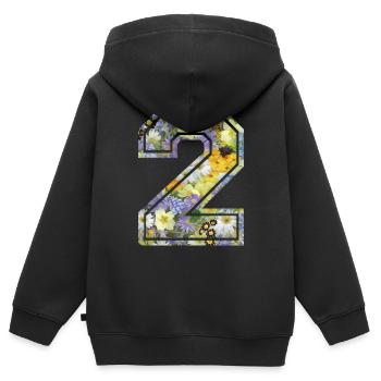 Numero 2 fleur, Équipe Foot, basket université - Sweat Premium à capuche zippé enfant bio - noir - Dos - AI Model Kid Male (0cm)