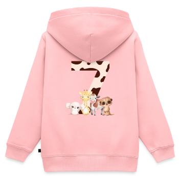 7e anniversaire - septième anniversaire animaux - Sweat Premium à capuche zippé enfant bio - rose - Dos - AI Model Kid Female (0cm)