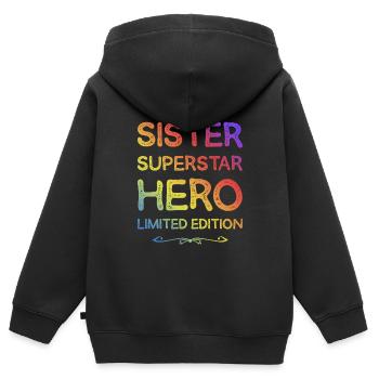 Beste Schwester Heldin Spruch - Kinder Premium Organic Zip Hoodie - Schwarz - Hinten - AI Model Kid Male (0cm)