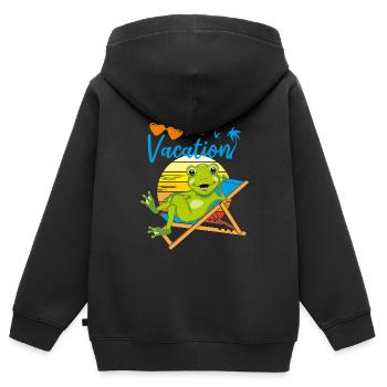 Glücklicher kleiner Frosch entspannt sich auf dem Liegestuhl - Kinder Premium Organic Zip Hoodie - Schwarz - Hinten - AI Model Kid Male (0cm)