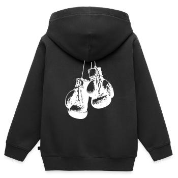 Hängend weisse Boxhandschuhe Design. Logo Design - Kinder Premium Organic Zip Hoodie - Schwarz - Hinten - AI Model Kid Male (0cm)