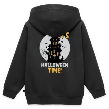 C’est l’heure d’Halloween: Maison hantée et château hanté - Sweat Premium à capuche zippé enfant bio - noir - Dos - AI Model Kid Male (0cm)