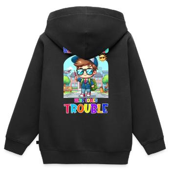 Attention monde - voici les ennuis - Sweat Premium à capuche zippé enfant bio - noir - Dos - AI Model Kid Male (0cm)