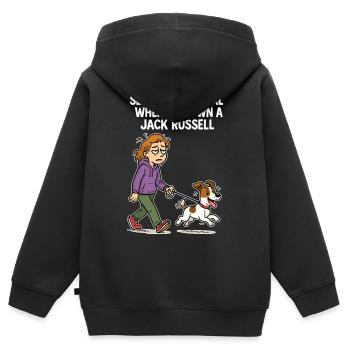 Propriétaire de chien fatigué & bande dessinée Jack Russell - Sweat Premium à capuche zippé enfant bio - noir - Dos - AI Model Kid Male (0cm)