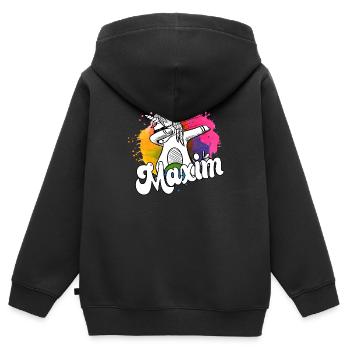 MAXIM - Beautiful Boy Name with Cool Unicorn - Kids Premium Organic Zip-up Hoodie - black - Back - AI Model Kid Male (0cm)