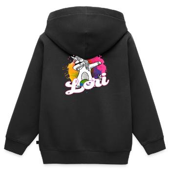 LORI - Schöner Name mit dabbing Einhorn - Kinder Premium Organic Zip Hoodie - Schwarz - Hinten - AI Model Kid Male (0cm)