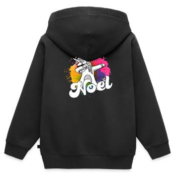 NOEL - Beau nom de garçon avec licorne cool - Sweat Premium à capuche zippé enfant bio - noir - Dos - AI Model Kid Male (0cm)