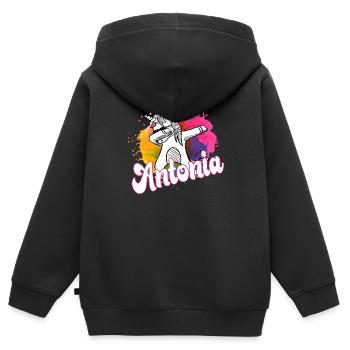 Beautiful name with dabbing unicorn - ANTONIA - Kids Premium Organic Zip-up Hoodie - black - Back - AI Model Kid Male (0cm)