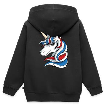 USA Amérique Licorne Chevaux - Sweat Premium à capuche zippé enfant bio - noir - Dos - AI Model Kid Male (0cm)