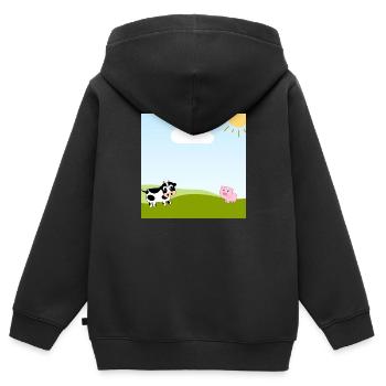 Kuh und Schwein spielen in der Sonne| Kindermerch - Kinder Premium Organic Zip Hoodie - Schwarz - Hinten - AI Model Kid Male (0cm)