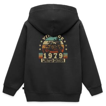 Moto Vintage 1979 anniversaire cyclomoteur - Sweat Premium à capuche zippé enfant bio - noir - Dos - AI Model Kid Male (0cm)