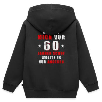 Als Gott mich vor 60 Jahren schuf wollte er angebe - Kinder Premium Organic Zip Hoodie - Schwarz - Hinten - AI Model Kid Male (0cm)