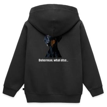 doberman, quoi d’autre... - Sweat Premium à capuche zippé enfant bio - noir - Dos - AI Model Kid Male (0cm)